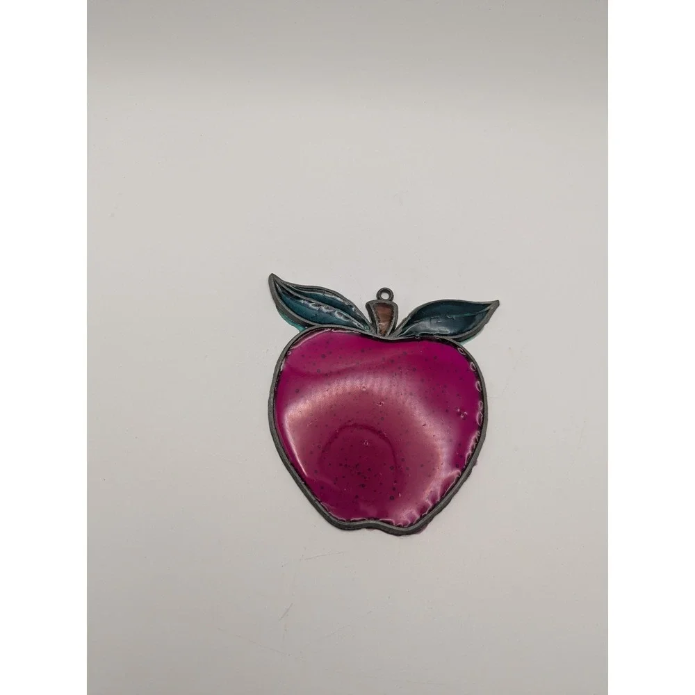 Vintage Stained Apple Sun Catcher‎ Window Ornament Pink Teal Leaves 3.5x3.5